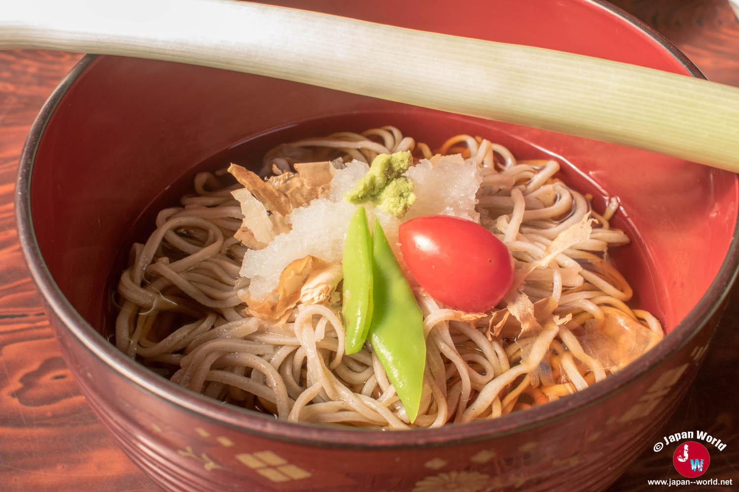 Gros plan sur les soba d’Ōuchi-juku accompagnés d’un poireau cru